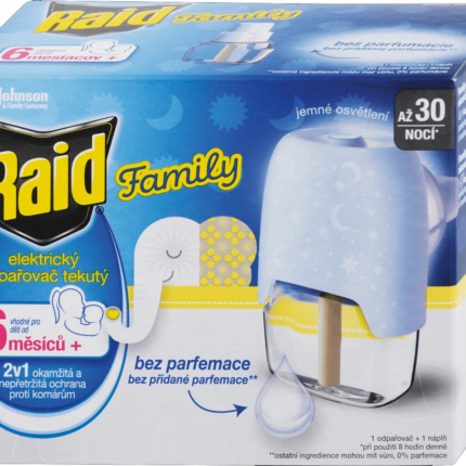 Raid® Family elektrický odparovač proti komárom s tekutou náplňou na 30 nocí 21ml